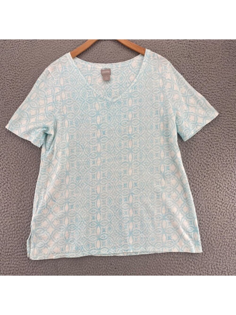 Chicos Top Womens 1 US Medium Blue White Geo Print Cotton Modal Slub Knit V Neck